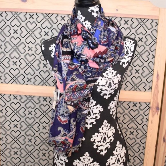 NWT Talbots long scarf navy blue paisley and floral - Picture 2 of 7